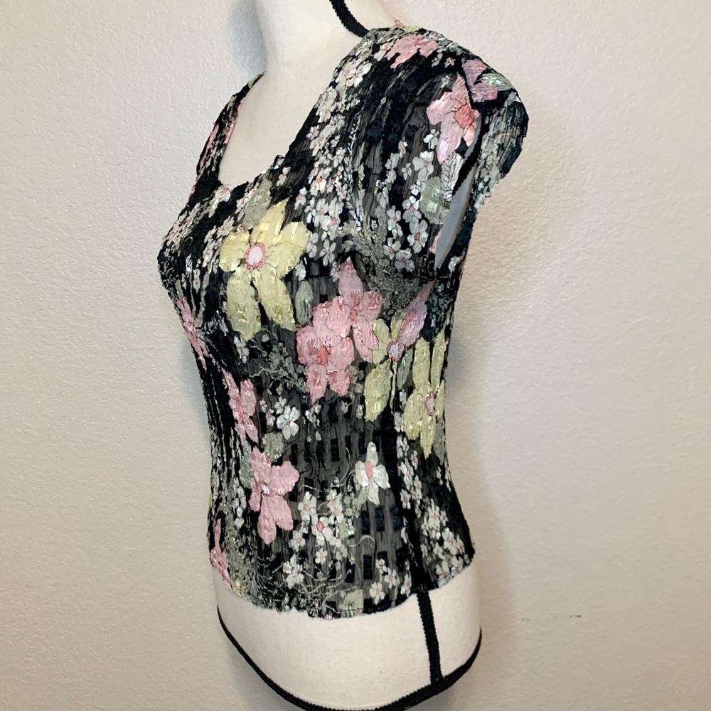 Alberto Makali Floral Semi-Sheer Top Short Sleeves Sequins Details Black Medium - Picture 5 of 14